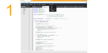 Screenshot of online development environment, showing code and a menu.